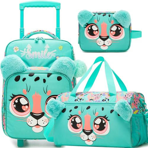 HTgroce 3-delad handbagage med sportväska, barnresväska med resväska för barn, necessär resor, resetrolley med hjul för barn, bagage, A-leopard