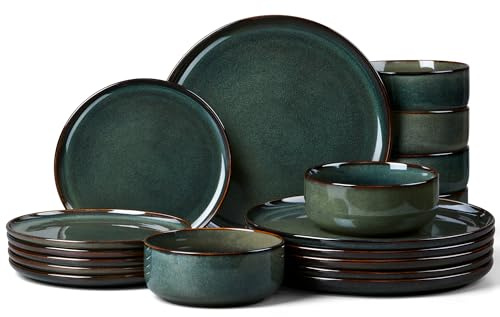Homikit Set di stoviglie per 6 persone, 18 pezzi, in gres porcellanato, servizio da tavola con piatto da dessert, ciotole per cereali, adatti al microonde e alla lavastoviglie, verde fumo di pino