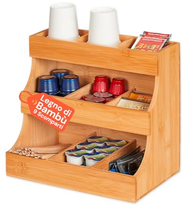 Avilia - Organizer in Legno di Bambù, 9 Scomparti Multiuso, Supporto Capsule Caffè, Bustine di Tè e Bustine di Zucchero - Contenitore Salvaspazio per Cucina, Ufficio e Bagno