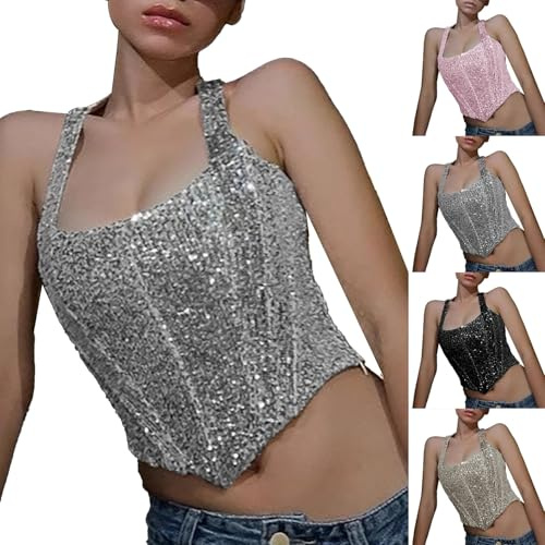 Generisk glitter crop top damer festival, glitter topp damer party paljetter linne silver axelbandstopp spagettiremmar väst ärmlös glitterblus sexig outfit karneval glittertopp, Vit, S