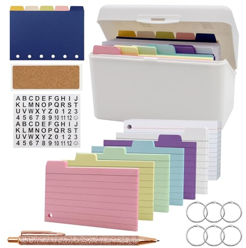 VEGCOO Karteikarten Box Set, Lernkarteibox mit 350 Bunten Verdickten Liniert Karteikarten, 5 Trennkarten, 6 Ringen, 1 Kugelschreiber, 1 Aufkleber, 1 Etikett für Schule Büro Zuhause Unterwegs Lernen