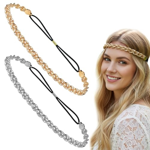 GAZIL Juego de 2 Diademas de Cadena Trenzada Oro y Plata, Adornos para el Pelo con Cristales Brillantes para Mujer y Niña, Cadena para Cabeza Ajustable Estilo Años 70