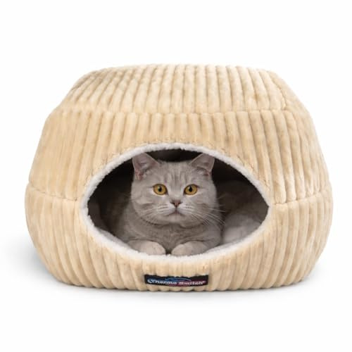 Katzenbett & Katzenhöhle Evia 2 in 1 – 50 × 45 cm, orthopädischer Memoryschaum, kuscheliger weicher Cord, 360° isoliert – auch für kleine Hunde geeignet | ThermoSwitch (Beige, S)