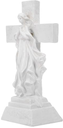 Abaodam Lampada Solare per Cimitero con Croce Illuminata in Resina, Angelo Commemorativo da Giardino, Luce Solare Automatica Giorno-notte per Decorazioni Tombe Esterne