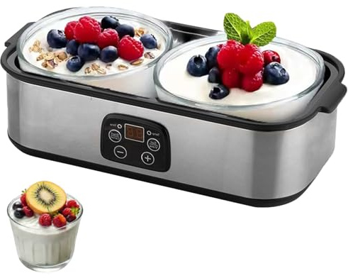 2L Yoghurt Maker, Automatic Yogurt Maker with 2 Glass Jars & LED Display, Automatic Temperature Control 0-48 Hours Timer Electric Yogurt Machine for Dairy Non-Dairy Homemade Dessert