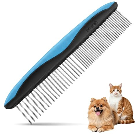 Solvio Pet Grooming Comb for Dogs & Cats - Stainless Steel Teeth with Non-Slip Rubber Handle - Removes Tangles, Knots & Loose Undercoat for Large, Medium, Small Dogs and Cats