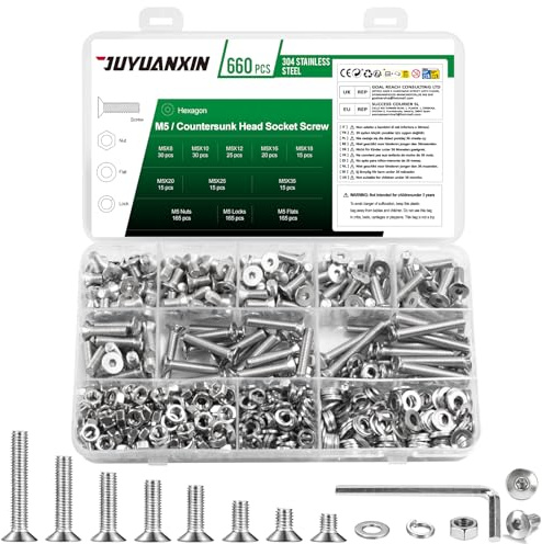 Juego de 660 tornillos M5, acero inoxidable, tornillos de cabeza avellanada, juego de tuercas, tornillos de cabeza plana métricos, tornillos hexagonales con tuercas con arandelas, surtido de tornillos