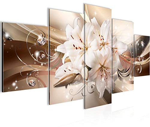 Runa Art - Väggmålningar Blommor Liljor 200 x 100 cm 5 Delar XXL Väggdekoration Design Beige Brun 020151a