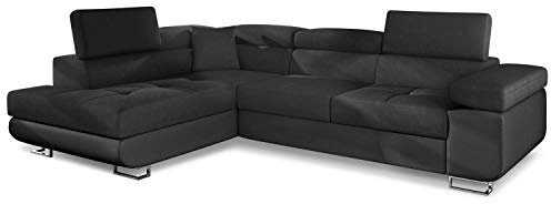 Menzzo Canape Convertible d’Angle Simili Noir - Pieds chromés - Canape Lit avec têtière relevable, Large Accoudoir et Coussins Moelleux - Assise Confortable