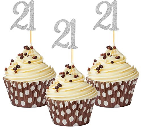 Sumerk 24PCS 21 Cupcake toppers Silver Glitter 21th Birthday Cupcake Picks Anniversary Party Decorations