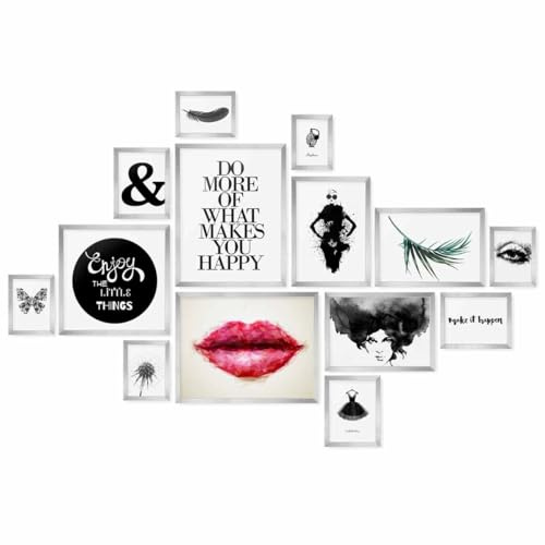 PHOTOLINI Set di 14 cornici per poster argento legno MDF, plexiglass infrangibile, da parete, accessori inclusi - per foto, immagini e poster