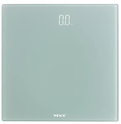 WENKO Personenwaage LED, präzise, Digitale Körperwaage aus Sicherheitsglas mit automatischer EIN-/Ausschaltfunktion und Step-On-Technologie, bis 150 kg, großes LED Display, 30 x 2,1 x 30 cm, Grau