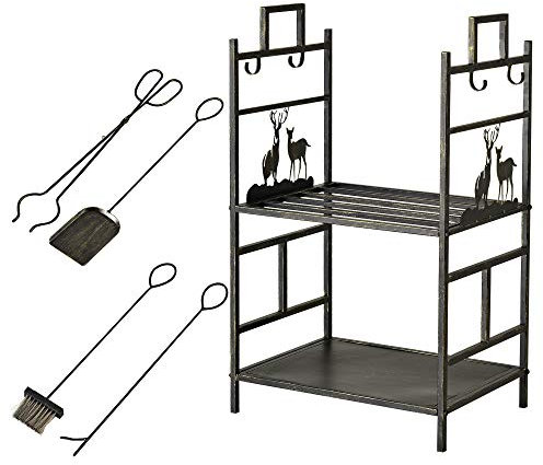 Outsunny Kaminholzständer mit Kaminbesteck, Brennholzregal Feuerholzablage Kaminwerkzeug Eisen Schwarz+Gold 51,5x33x77 cm