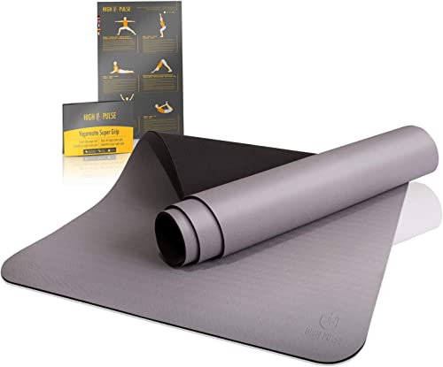 High Pulse® Yogamatte ‘Super Grip’ - Extra rutschfest und griffig | Schweißfeste Gymnastikmatte + praktischer Tragegurt für Yoga, Pilates und Fitness - für Anfänger und erfahrene Yogis (Grau)