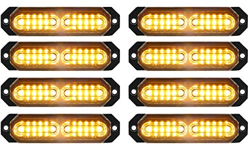 ASPL 8pcs Sync Feature Ultra Slim 12-LED Surface Mount Flashing Strobe Lights for Truck Car Vehicle LED Mini Grille Light Head Emergency Beacon Hazard Warning Lights (Amber)