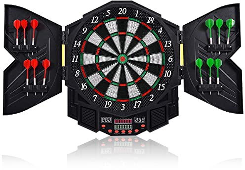 GOPLUS Elektronisk darttavla, LED-darttavlor, dartpilar med 12 dartpilar och 12 reservspetsar, dart med dörr inkl. 4 lysdioder, 27 spel och 216 varianter upp till 8 spelare, tillverkad av ABS och PP