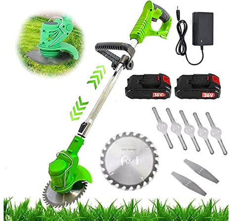 Decespugliatore a Batteria 3 in 1 Multifunzionecon Elettrico Tagliabordi 36V Tagliaerba con 3 tipi Lame e 2 Batteria Testata Regolabile e Maniglia Telescopica