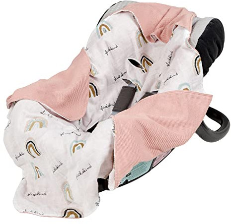 Mama Poppins Germany Einschlagdecke mit Glückskind Schriftzug aus 100% Bio-Baumwolle 90x90 cm Kuscheldecke für Kinderwagen Babyschale universal Baby Decke doppelseitig Musselin und Waffelstoff.