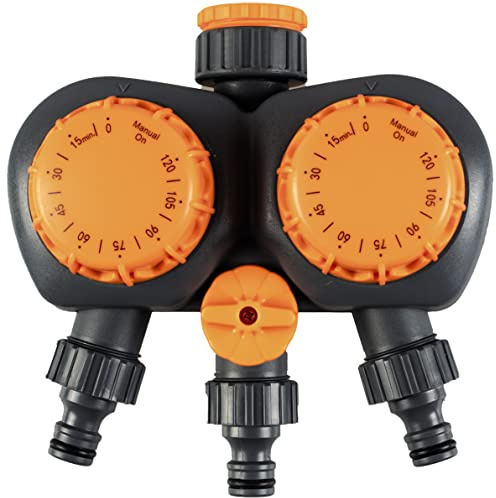 3-in-1 Double Head Mechanical Sprinkler Timer – Outdoor Tap Attachment for Garden Hose Pipe & Irrigation Watering System with 15-120 Minute Timer & Auto Switch Off – Measures 8 x 16 x 16cm