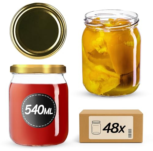 KADAX syltburkar 540 ml, konserveringsburkar med skruvlock, glas med skruvlock, konserveringsburkar, förvaringsburkar för insättning av gurkor (48 stycken, guld)