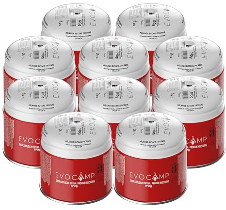 EVOCAMP 10X Stechkartuschen 190g, Propan Butan Gaskartuschen mit integriertem Gas Lock System, Gas Kartusche mit Camping Gas geeignet für Gaskocher, Campingkocher, Gasbrenner, Kohleanzünder, Lötlampe