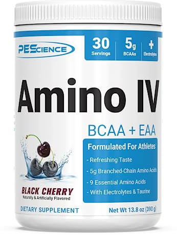 PEScience Amino IV BCAA & EAA Powder, Essential Amino Acids, Taurine, Electrolytes for Hydration and Muscle Recovery, Sugar Free for Men & Women, Post Workout - Black Cherry, 30 Servings