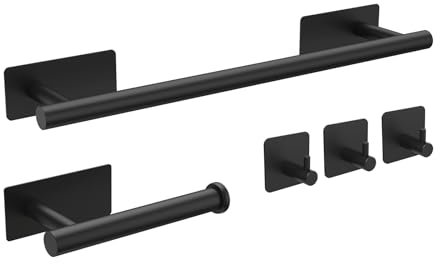 Ibergrif 5pcs Bathroom Accessories Set, Black Toilet Roll Holder, Towel Rail, Hook, Wall Mounted or Self Adhesive, No Drilling M34452B