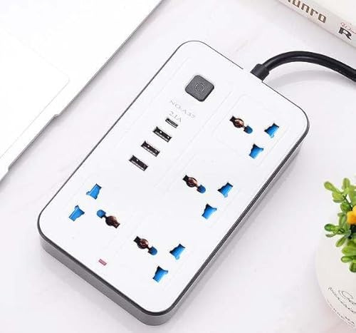 MettaWorld Universal Extension Lead With 3 USB 1 Type C Ports 2 Meter Cable 4 Way Gang Socket Multi Power Plug Extention Wall Adapter Power Hub With Switch UK Plug for Home and Office. Black/White