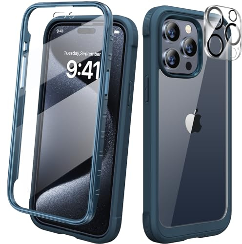 Diaclara for iPhone 15 Pro Max Case, Full Body Rugged Case with Built-in Touch Sensitive Anti-Scratch Screen Protector + Glass Camera Lens Protector for iPhone 15 Pro Max 6.7 (Deep Blue)