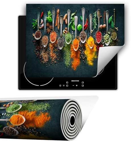 TMK ArtDeko Herdabdeckplatte 1 teilig 80x52 cm Küche Herdabdeckung Ceranfeld Herdabdeckplatten Anti Rutsch Matte Aufrollbar, Gewürze Löffel