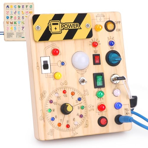 Konijiwa Montessori Busy Board 1 år gammal barn aktivitetstavla träleksak med 8 LED-ljusbrytare leksak sensoriska lärande leksaker lämpliga för 1 2 3 4 år gamla spädbarn (storlek LED-klocka busy