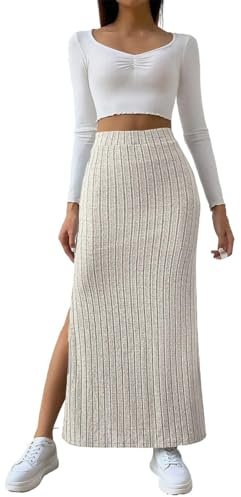 Stickad kjol dam lång med slits, långa kjolar dam eleganta stora storlekar elegant maxikjol hög midja kjol festkjol lång pennkjol vintage kjol fritidskjol casual rockabilly stickad kjol, Beige, L