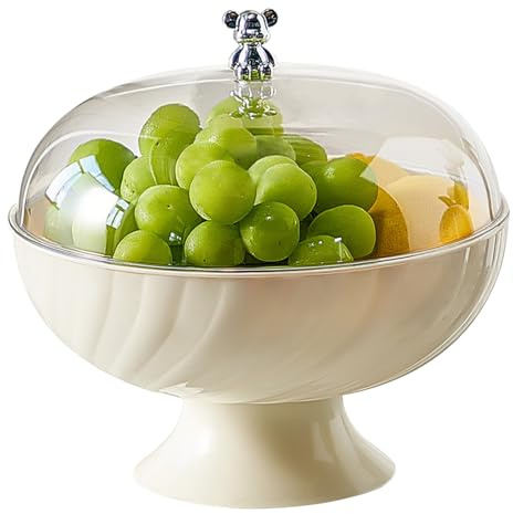 NASSMOSSE Fruit Bowl with Lid, 9.7x9.5 Inch Large Fruit Bowl, Clear Fruit Basket with Draining Holes, Decorative Pedestal Bowl for Kitchen Counter, Vegetable Breads Snacks, Cream White