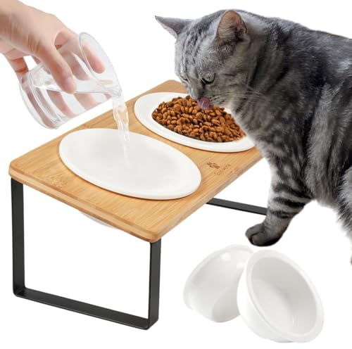 GUUSII HOME Upphöjd kattskål set med stativ upphöjd lutad för mat vatten keramik kattmatning ergonomisk valpskål med 4 skålar husdjursmatare metallben anti-kräkning lätt att montera (gul)