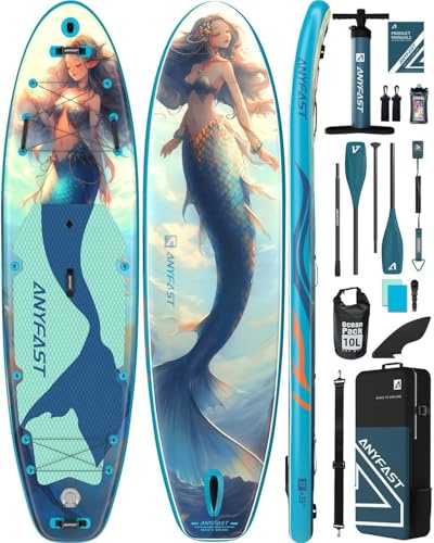 ANYFAST Stand Up Paddleboard, Inflatable, 3.35m x 89cm, 204kg Capacity, Wide, Ultra Stable, Non-Slip, with Pump, Camera Mount, Kid Handle, Leash, Backpack, Accessories (Blau Nixen)