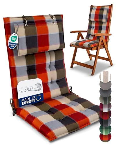 Beautissu 4er Set Premium Hochlehner Auflage Kopfpolster Gartenstuhlauflage | 120x50cm Orange Beige kariert 8cm Dick Polster rutschfest Befestigungsbänder UV-Lichtechtheit 5 Robust Stoff Garten Sun-HL