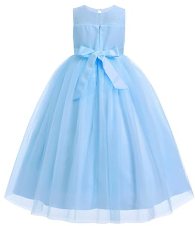 IWEMEK Robes pour Petites Filles Tulle Dos Nu Longues Bal Fin d'ann�e sans Manches Bouffantes Princesse Habill�e de Soir�e Mariage Demoiselle d'honneur Bapt�me F�te Anniversaire Bleu 7-8Y
