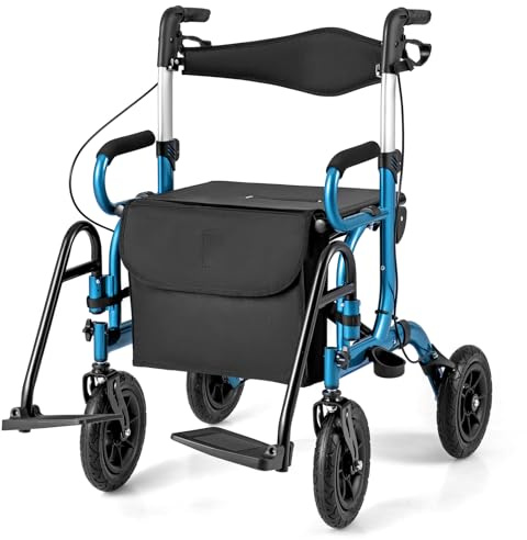 RELAX4LIFE 2 in 1 Deambulatore per Anziani, Sedia a Rotelle, Deambulatore con Seduta e 4 Ruote, Rollator Pieghevole in Alluminio Leggero, Portata Massima 140KG (Blu, 74 x 64 x 89-101,5 cm)