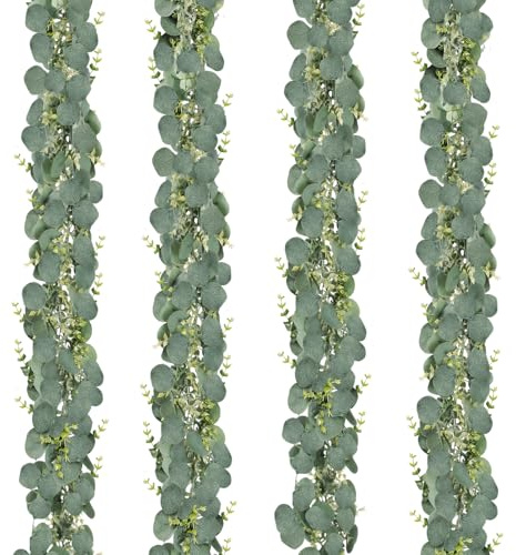 CQURE 4 Pack 5.9ft Eucalyptus Garland, Artificial Eucalyptus Leaves Spring Garland Fake Silver Dollar Greenery Wreath Vines for Wedding Table Party Mantle Bedroom Wall Room Decor