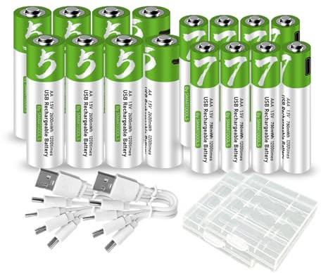 8 batterie AA + 8 batterie AAA AA+AAA, set di batterie ricaricabili agli ioni di litio USB di tipo C, 1,5 V, 1733 mAh, 2600 mWh + 500 mAh, 750 mWh, batteria al litio ricaricabile con cavo di ricarica