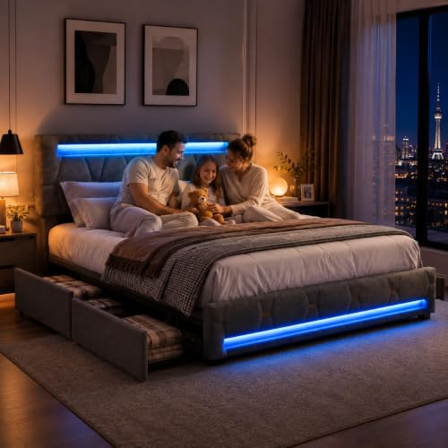 Polsterbett Doppelbett 140x200 cm, Stauraumbett mit 4 Schubladen,Bett 140x200 mit Bettkasten und Lattenrost, Staufach-Kopfteil mit LED und USB Ladestation,Jugendbett,Leinen, Ohne Matratze