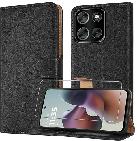Case for Motorola Moto G56 5G with 1 x Screen Protector Glass, Magnetic Book Flip Folio Cover [RFID Protection & 3 Card Slots] and [Kickstand], Leather Wallet Phone Case for Moto G56 5G - Black