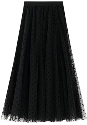 Gonna Donna a Pois in Tulle Plissettato, Gonne A-Linea Vita Alta Elastica, Gonna Midi Lunga Casual e Trendy