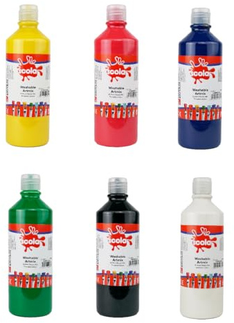 Scola Readymix Water Based Washable Tempera Paint, 6 Assorted Bright Colours, 600ml Bottles, Safe Non-Toxic Poster Paints, Craft Projects, Suitable for 3+