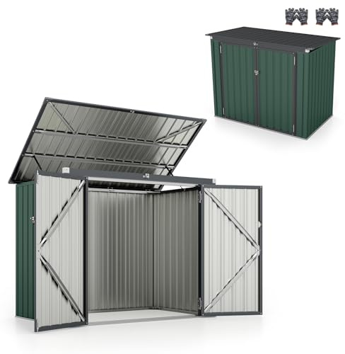 HOMASIS Cobertizo de Jardín, Caseta Metálica con Tapa Abatible de Exterior, Cobertizo de Herramientas con Doble Puerta, Alta Resistencia para Granja, Terraza, 172x101x130cm, Gris (Verde)