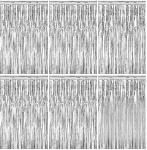 Quelcc 6 Rideau Métallique Argenté à Franges, 1m x 2m Rideau Métallique Tinsel, Rideau Anniversaire avec Adhésif Double Face Décoration Brillante pour Photos de Fête Champagne Or Mariage Fêtes