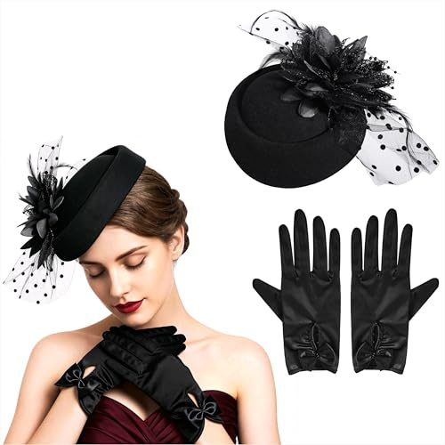 Vintage Fascinator-hatt för kvinnor, 20-tals 50-tals blomma, fjäderklänning, huvudbonad med spetshandskar, svart pillbox hatt med nätslöja och eleganta handskar set för tebjudning, cocktail, bröllop