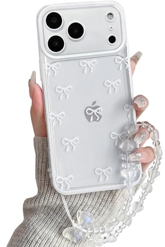 NITITOP for iPhone 17 Pro Max Case Cute Clear Bow Chain,White | for Women Girls, Aesthetic Bowknot Ribbon Design, with Wrist Strap, Soft TPU Shockproof Cover, Full Camera Protection