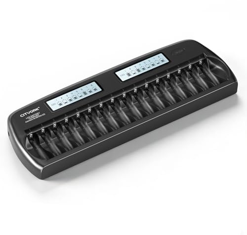 CITYORK AA AAA Battery Charger 16 Bay, Smart LCD Display NiMH Battery Charger for 1.2V AA/AAA NiMH/NiCd Rechargeable Batteries with Discharge Function & Built-in IC Protection