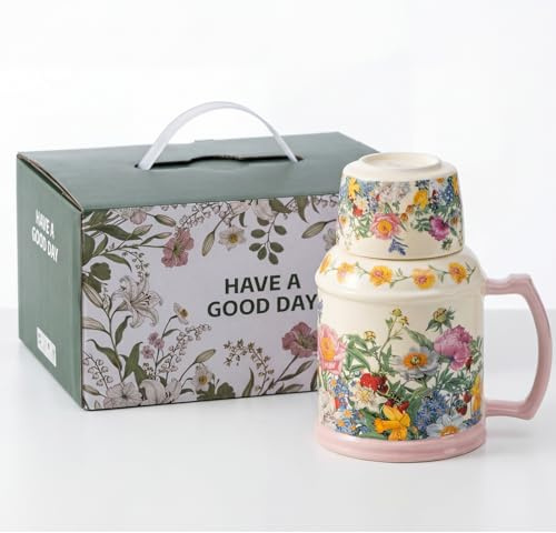 OHAANYY Vintage Keramik-Teekanne mit Tassen-Deckel und Untertasse, 650ml Blumen Retro Teeset, 2-in-1 Teetasse mit abnehmbarem Deckel, Porzellan-Teekanne für Zuhause und Büro (Frische Blumen) | 2-in-1 Keramik Teeset mit Untertasse, handbemaltes Blumen-Design für Büro & Zuhause, edles Einzugsgeschenk